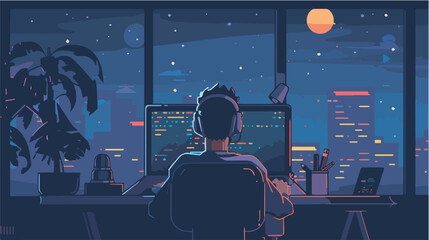 Programmer working late at night coding software development programming workaholic developer technology computer office night city view window dark desk freelance home workspace deadline project