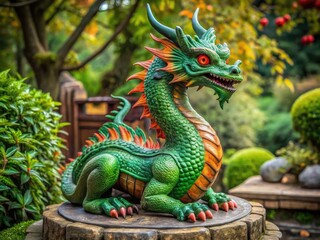 Fototapeta premium Vibrant green papier-mâché dragon sculpture with intricate scales and fiery red eyes, perched on a natural stone pedestal in a serene outdoor setting.