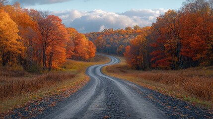 Obraz premium Tranquil Autumn Drive: Scenic Country Road with Colorful Trees and Blue Sky