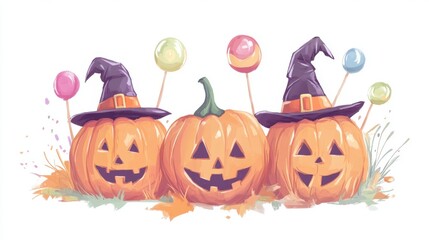 Fototapeta premium Playful Halloween pumpkins with witch hats and colorful lollipops, perfect for festive decorations or seasonal artwork.