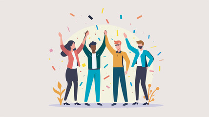 Diverse team celebrating success teamwork achievement happy business people group office worker winning concept confetti background illustrationno background