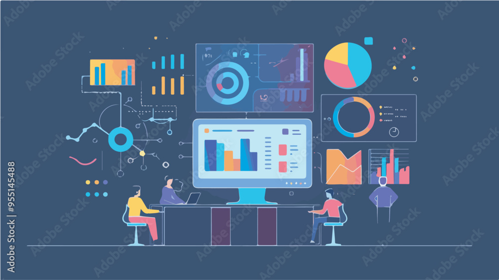Poster data analysis concept business people analyzing financial charts graphs on computer screen data visu