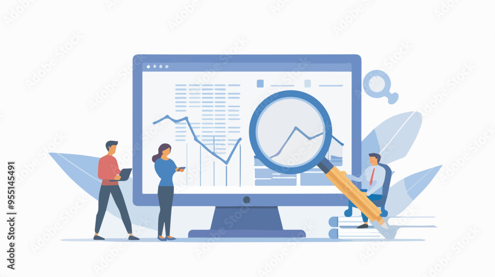 Poster business team analyzing financial data on computer screen data analysis magnifying glass graph chart