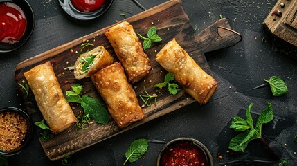 Four crispy spring rolls on a wooden board, served with sauces and herbs, on a black background.