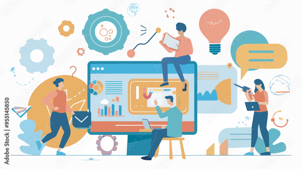 Poster teamwork business concept with characters working together online business process management commun