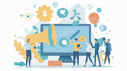 Business advertising campaign digital marketing strategy teamwork businesspeople group analyze marketing data on computer screen Background