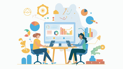 Businesswomen analyzing financial data together Teamwork concept with colleagues working together in the officeillustration for business analytics data analysis finance marketing teamwork