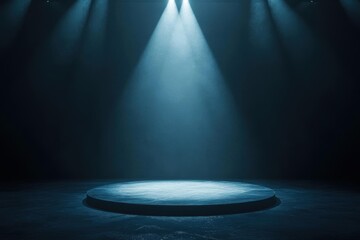 Empty stage with spotlight and smoke, perfect for product display or presentation.