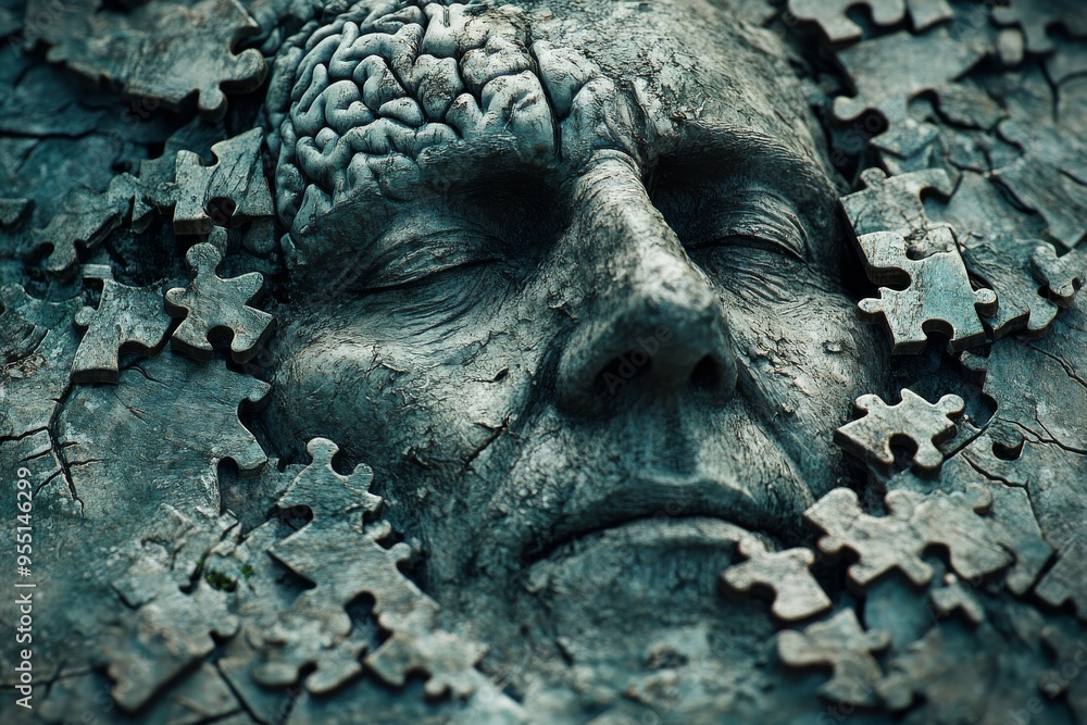 Aufkleber mental models cognition a close up of a woman’s face dissolving into weathered puzzle pieces symboli
