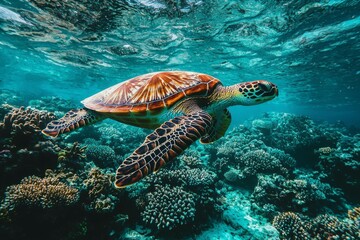 Obraz premium Sea Turtle Swimming Through Coral Reef