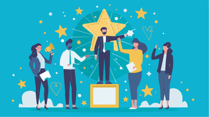 Businessman on a pedestal receiving recognition from colleagues success celebration achievement appreciation concept award ceremony winning team leader hero employee of the month best worker
