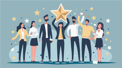 Business team success achievement concept group of happy office workers celebrating victory holding golden star trophy reward for hard work