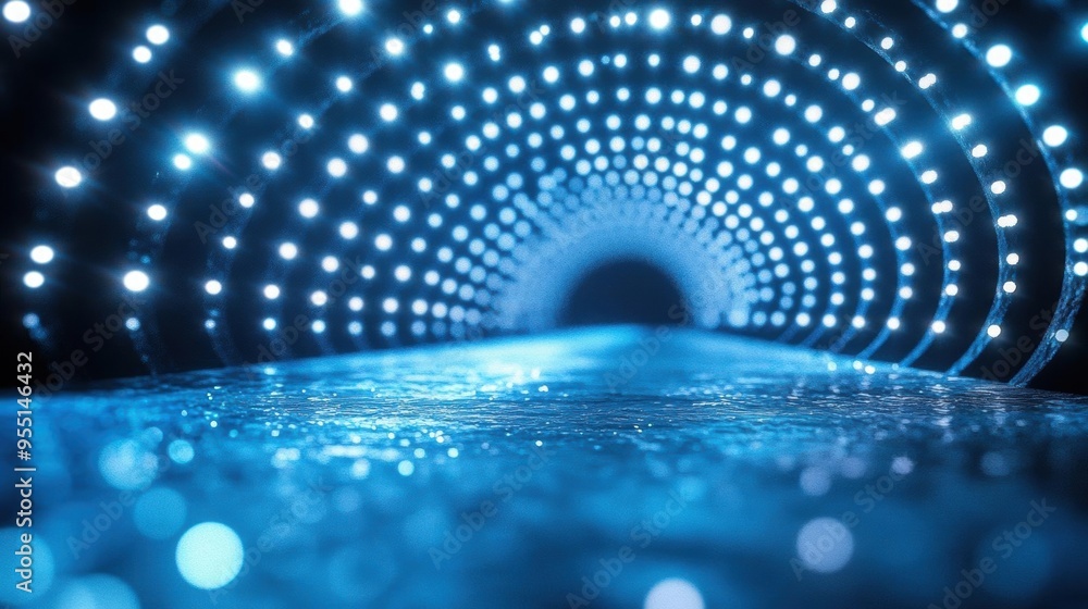 Poster abstract blue light tunnel with bokeh effect.