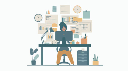 Organized Busy Woman Working From Home Office IllustrationBusinesswoman Freelancer At Computer Workplace Desk Workspace Interior Design Remote Work Concept