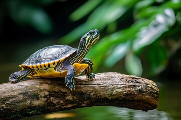 Fototapeta premium Yellow-Bellied Slider Turtle on a Log in a Lush Green Environment