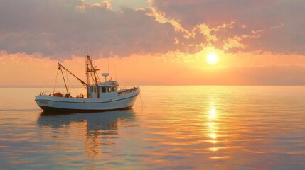 Obraz premium A serene scene of a small fishing boat returning to harbor at sunset, with the warm glow of the sun reflecting off the calm water.
