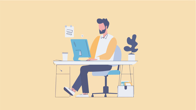 Man working on computer at desk office worker business person entrepreneur work from home freelance typing keyboard technology internet onlineillustration