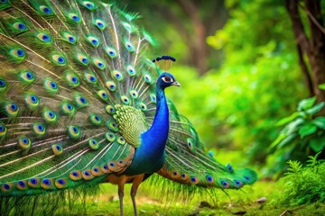 Obraz premium Vibrant male peacock proudly displays extravagant plumage, fanning out radiant blue and green feathers in a majestic courtship display against a lush green forest backdrop.