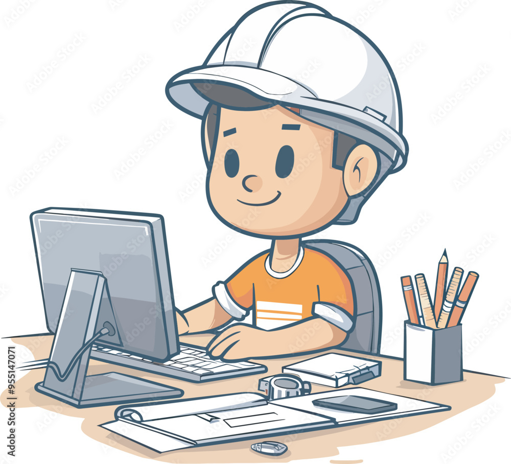 Poster young architect working on computer at desk with architectural toolsillustration architecture design