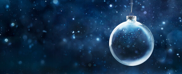 Christmas Snow Globe In Eve Night - Wish Concept With Blue Abstract Defocused Background