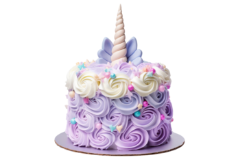 A whimsical birthday cake shaped like a unicorn isolated on white background