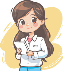 Smiling young female doctor holding clipboard medical consultation healthcare professional cartoon illustration background medical student clinic hospital appointment healthcare provider prescription