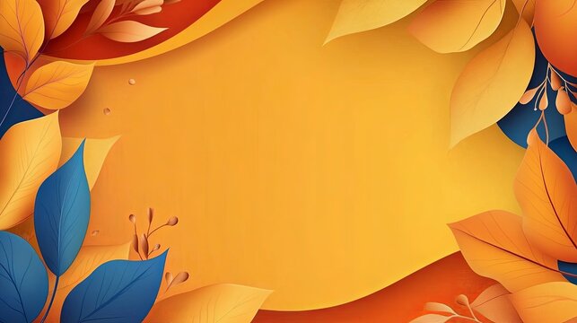 abstract autumn-themed design with yellow, orange, and blue leaves surrounding a central space, ideal for placing text