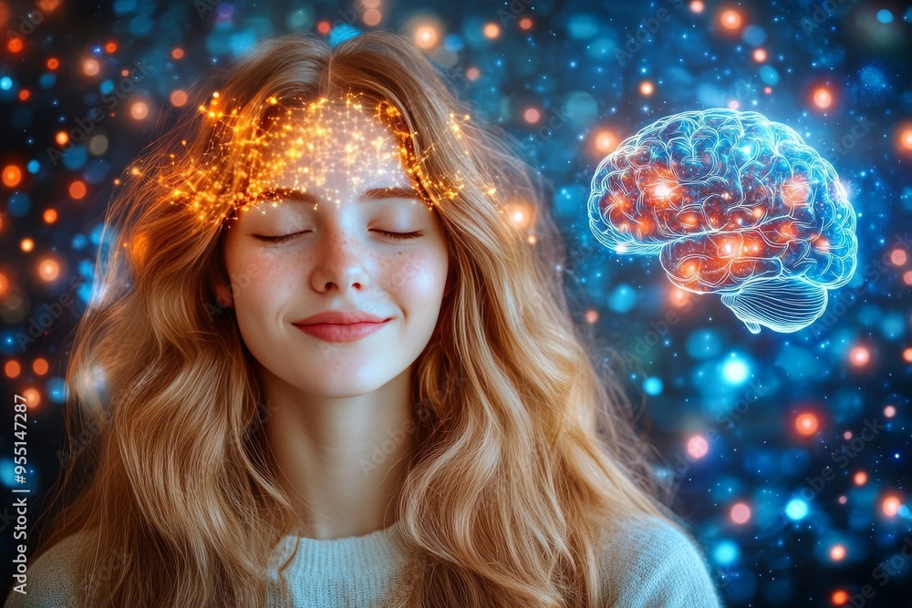 Poster cognitive bias cerebrum a woman with a glowing brain in a field of floating neurons symbolizing the 