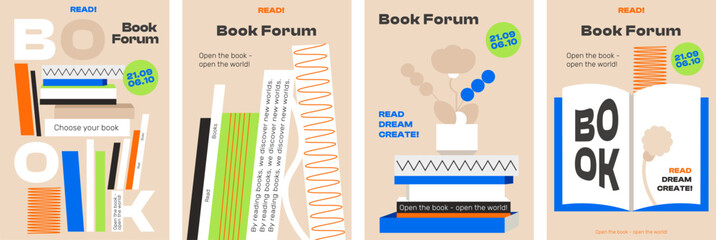 4 Abstract Posters for the Book Forum. The abstract, minimalist design will be a great addition to your project. Perfect as a poster for a festival, literary events, book club advertising and more