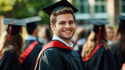 A happy young male graduate students wearing bachelor gowns the middle of a crowd of graduate students She is in focus standing still while other people move in university