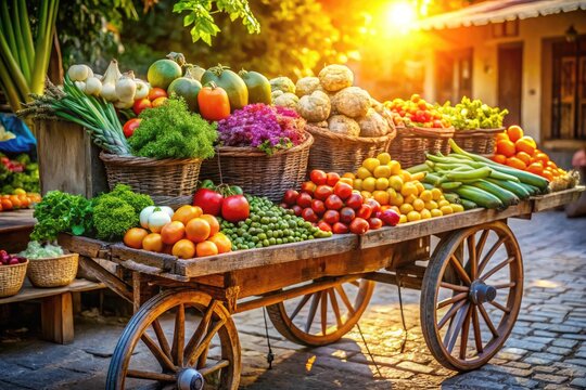 Vibrant morning sunlight illuminates a colorful array of fresh fruits and vegetables artfully arranged on a rustic wooden street vendor's cart.