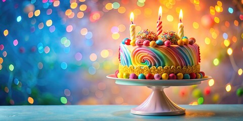 Vibrant multi-tiered birthday cake adorned with colorful candies, swirly frosting, and sparkling candles on a elegant pedestal against a soft, blurred background.