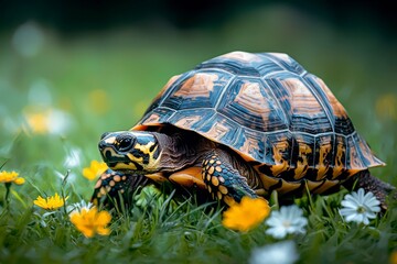 Obraz premium A Yellow-Marked Turtle Walking Through Grass and Flowers