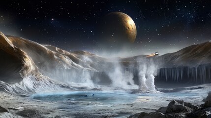 Naklejka premium A spacecraft hovering above the surface of an icy moon, with geysers of water and ice shooting up from the ground, and the vastness of space beyond.