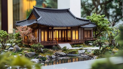Fototapeta premium A scale model home with a Korean-style pavilion and a small stream