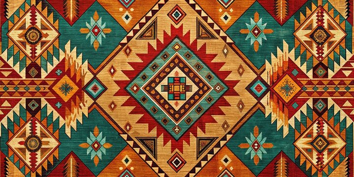 Vibrant Native American-inspired textile features intricate geometric patterns, tribal symbols, and feather motifs in earthy tones, evoking a rich cultural heritage and spiritual mystique.