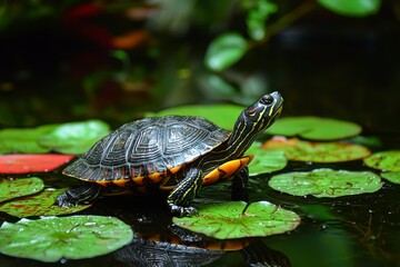 Fototapeta premium A Painted Turtle Resting on Lily Pads in a Pond
