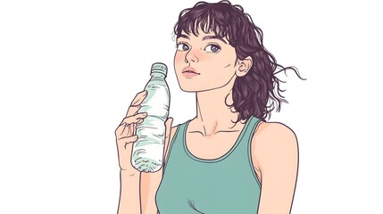 Drawing style, a woman in a green tank top holding a water bottle at waist level, against a white background, with simple lines, a vector illustration, and a flat design, doodle style
