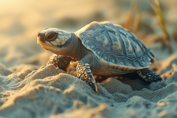 Obraz premium A Young Turtle Walking on Sand in the Sunset