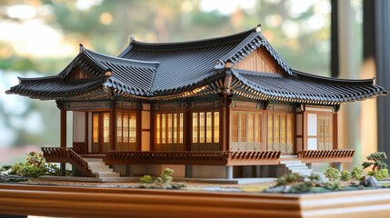 Obraz premium A scale model home with a traditional Korean tiled roof and ornate eaves