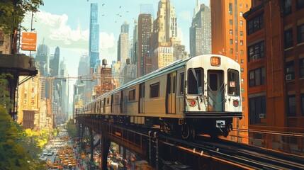 Naklejka premium A train traveling through an urban landscape, with skyscrapers towering overhead and the tracks elevated above a bustling city street.