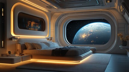 Futuristic bedroom with sleek furnishings and neon lighting for a minimalist contemporary vibe