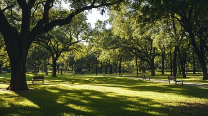 Obraz premium A wide-angle view of a park with sprawling grasslands, shaded by large trees and featuring walking paths and benches.