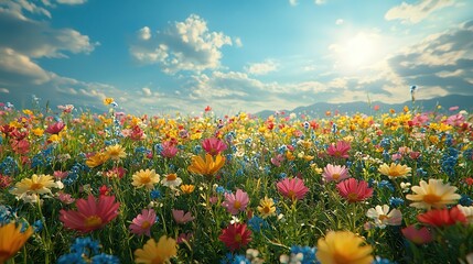 Enchanting Spring Meadow with Vibrant Wildflowers Blooming - Nature's Beauty in Full Display