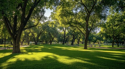Obraz premium A wide-angle view of a park with sprawling grasslands, shaded by large trees and featuring walking paths and benches.