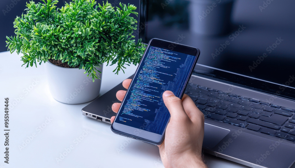 Aufkleber a person holding a smartphone displaying coding on the screen, with a laptop and a plant in the back
