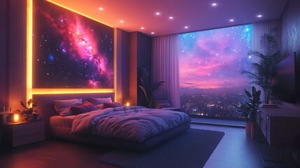 Futuristic bedroom with sleek decor and neon lighting for a minimalist stylish look