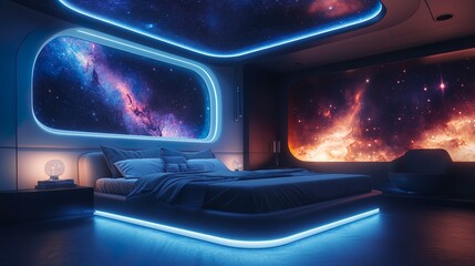 Minimalist bedroom with neon highlights and futuristic elements for a clean modern vibe
