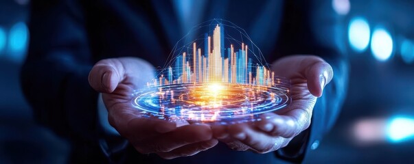 A businessman holds a holographic cityscape, symbolizing innovation, technology, and future urban development.