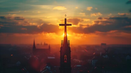 Naklejka premium Dramatic Cross Shaped Shadow Casts Ethereal Light at Sunset Over Towering Church Spire